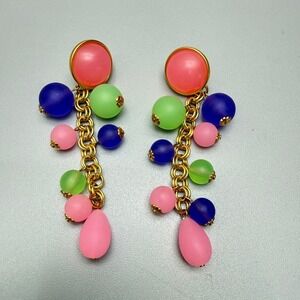 Multicolor Pastel Bead Gold Tone Dangle Drop Earrings 3.5" Pierce Acrylic Summer